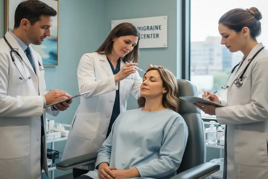 A patient receiving botox for migraines treatment by three doctors
